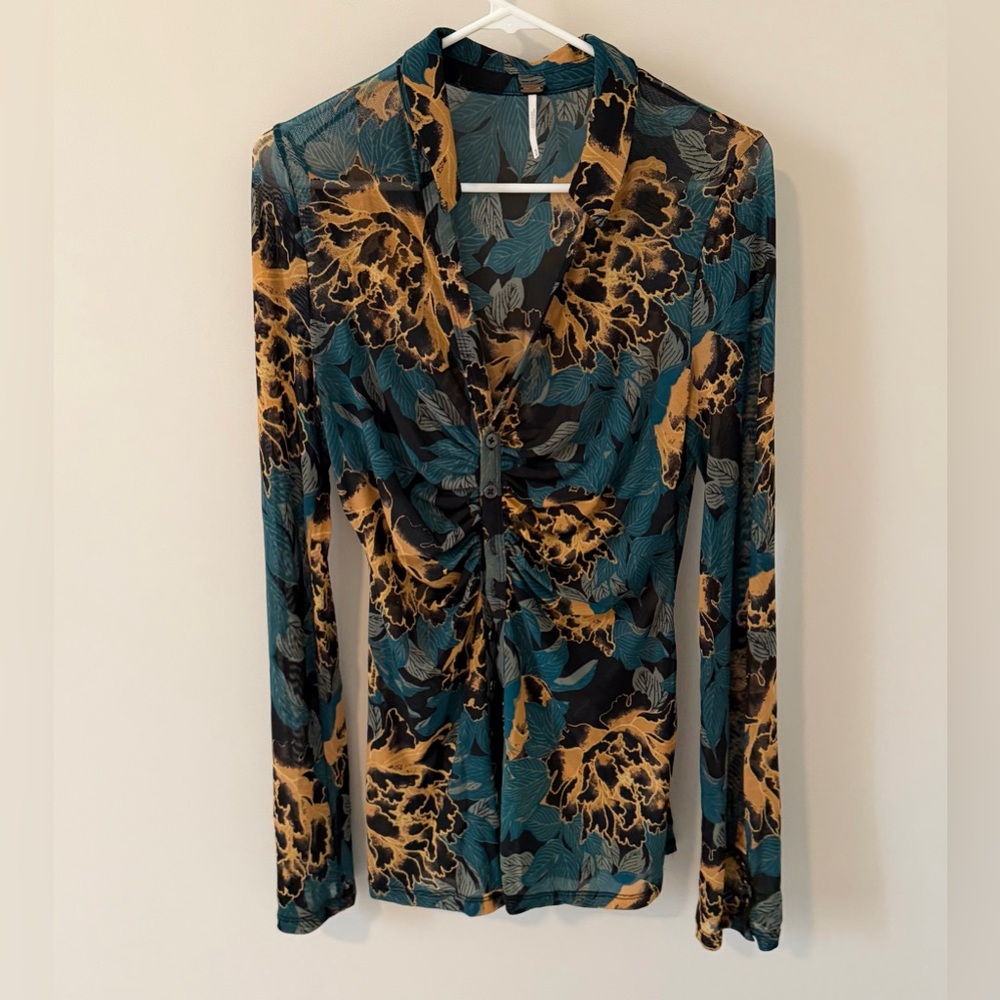 Free People Women's Lucky Shirtee Black Bloom Button Down Top Size Medium Sheer